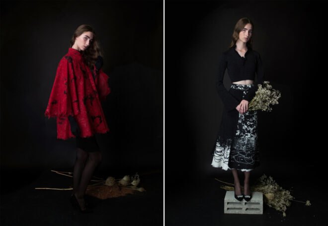 On the left, red poncho coat. On the right, black sweater and black and white patterned skirt