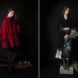 On the left, red poncho coat. On the right, black sweater and black and white patterned skirt