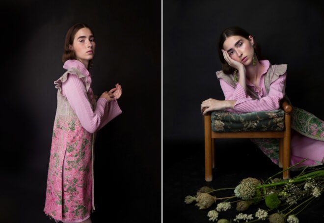 Pink and green patterned dress and vest
