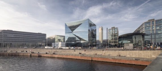 cube-shaped building with mirrored exterior