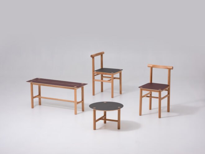 two chairs, a bench and a side table all made from wood and linoleum