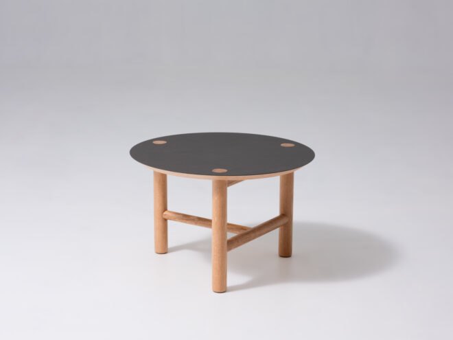 wood end table with gray tabletop