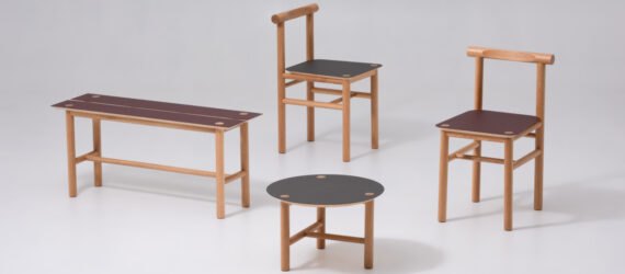 two chairs, a bench and a side table all made from wood and linoleum