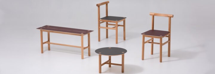 two chairs, a bench and a side table all made from wood and linoleum