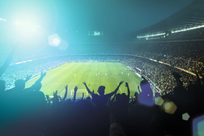 fans cheering in a soccer stadium