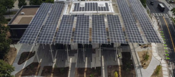 aerial view of solar panels on a university building