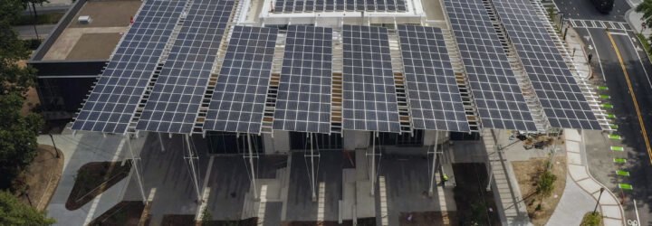 aerial view of solar panels on a university building