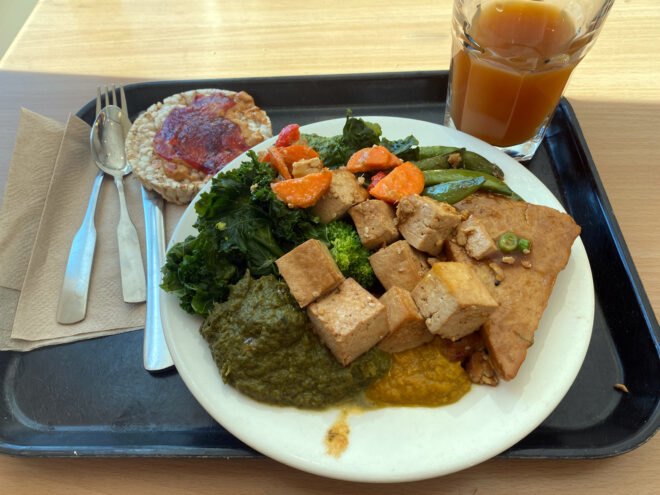 vegan meal of tofu and vegetables on a tray at Kripalu Center for Yoga & Health