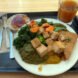 vegan meal of tofu and vegetables on a tray at Kripalu Center for Yoga & Health