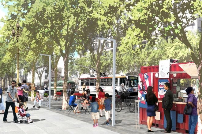 rendering of people at food stalls on a car-free street