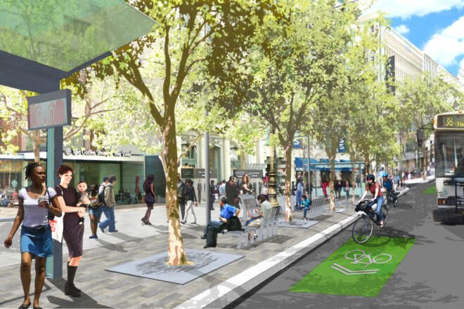 rendering of bus driving by a bike lane