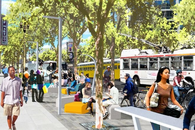 rendering of buses near a public square