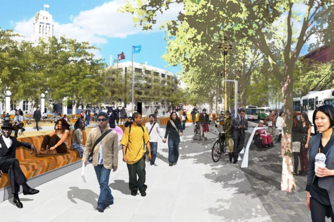 rendering of people walking in a car-free street