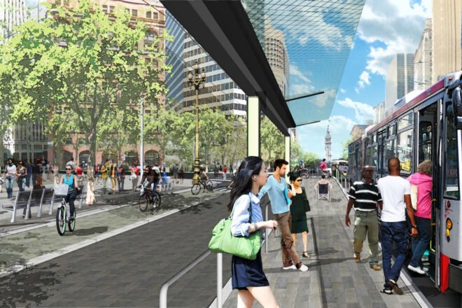 rendering of people waiting on a platform for a bus