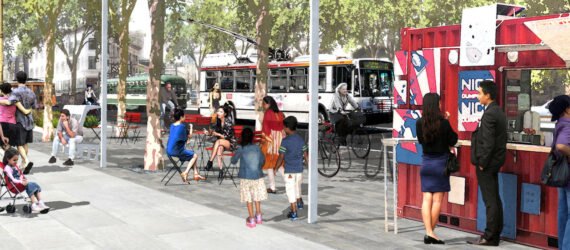 rendering of people at food stalls on a car-free street