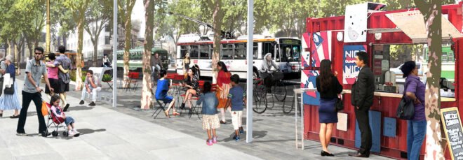 rendering of people at food stalls on a car-free street