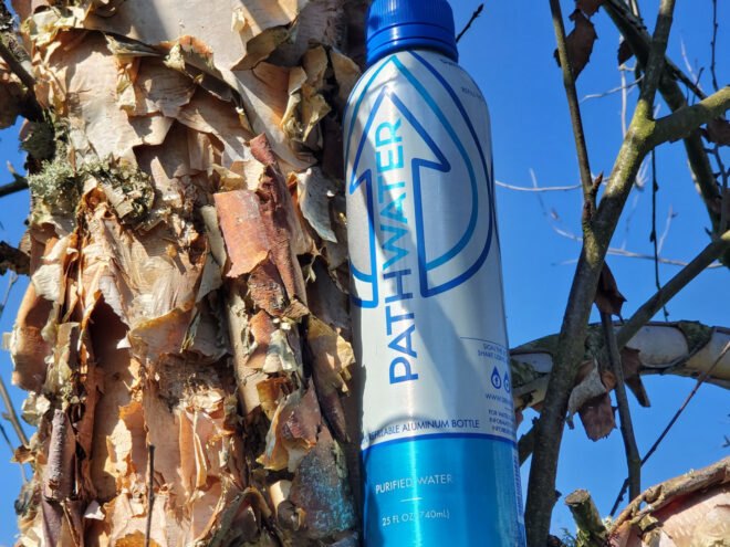 aluminum water bottle resting against a tree trunk