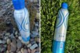 aluminum water bottle in rocks and laying in grass