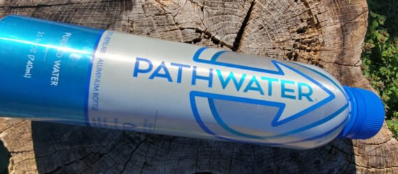 aluminum water bottle on a tree stump