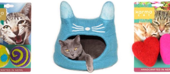 three images: to the left, a Karma Cat toy package with two felt balls, on that is green with multicolored dots, and on with green and purple spirals. the packaging features a light gray speckled cat bearing its teeth. in the middle, a gray cat lounging in a light blue, felt cat house shaped like a cat-head with ears. to the right, a Karma Cat toy package with two felt hearts, one red and one pink. the packaging features two cats (one gray speckled and one orange) leaning against each other