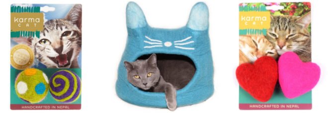 three images: to the left, a Karma Cat toy package with two felt balls, on that is green with multicolored dots, and on with green and purple spirals. the packaging features a light gray speckled cat bearing its teeth. in the middle, a gray cat lounging in a light blue, felt cat house shaped like a cat-head with ears. to the right, a Karma Cat toy package with two felt hearts, one red and one pink. the packaging features two cats (one gray speckled and one orange) leaning against each other