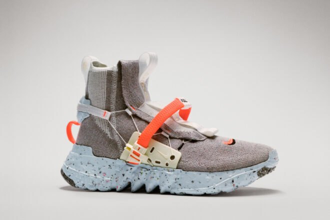 futuristic gray sneaker with orange straps