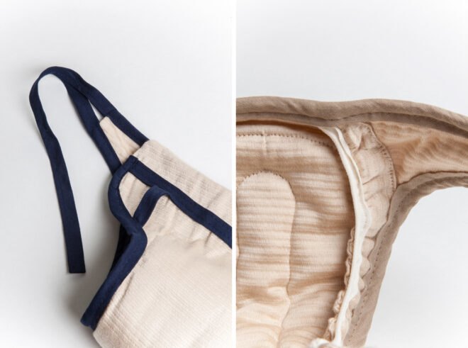 On the left, close-up of blue ties on a reusable diaper. On the right, close-up of inner absorbent layers of a reusable diaper