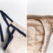 On the left, close-up of blue ties on a reusable diaper. On the right, close-up of inner absorbent layers of a reusable diaper