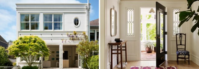 On the left, historic white home with two trees growing in front of it. On the right, wood door opening to white entryway with wood table and pink rug.