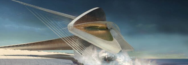 large futuristic sculpture with gold screen