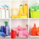white shelves filled with colorful plastic bottles of household cleaners
