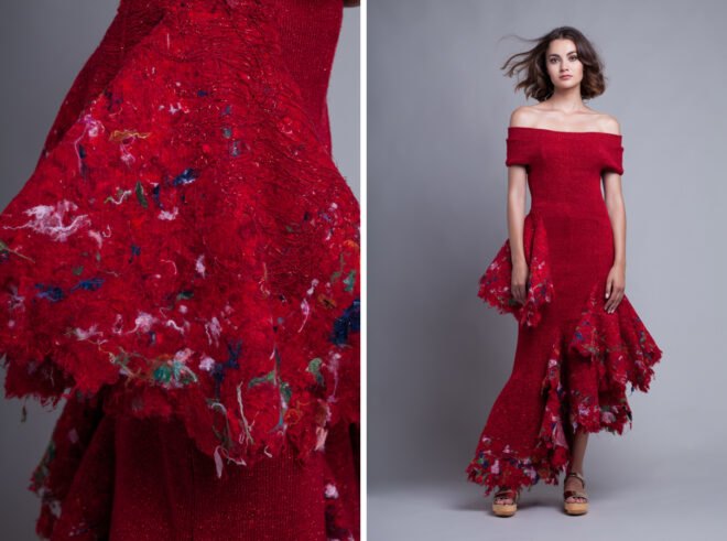 red evening gown with speckles of various colors