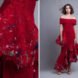 red evening gown with speckles of various colors