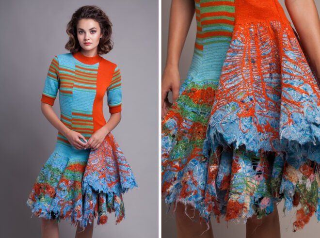 orange and blue striped sweater with orange and blue skirt
