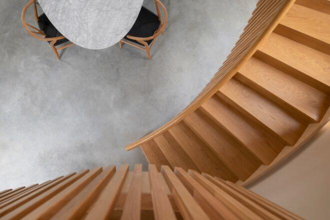 aerial view of wood spiral staircase