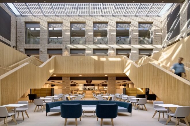 university building interior with tall ceilings and ample seating