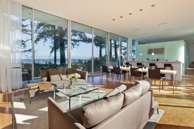 a large living space with two sofas