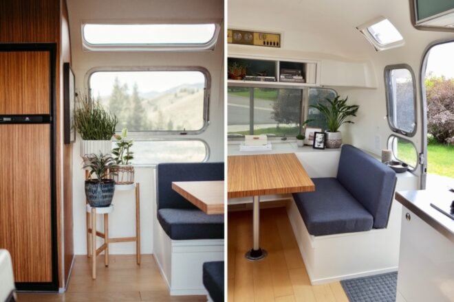 dinette seating inside an airstream trailer