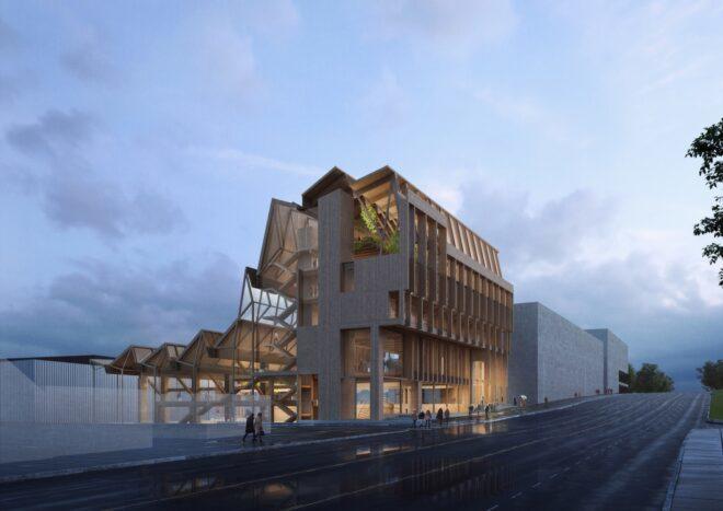 a geometric wood building against a blue sky background