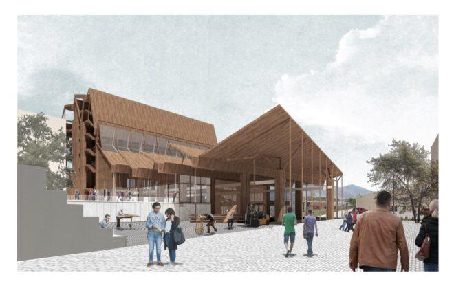 a wood structure with a pavilion and people walking around