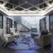 white chairs and gray sofa under a patterned ceiling