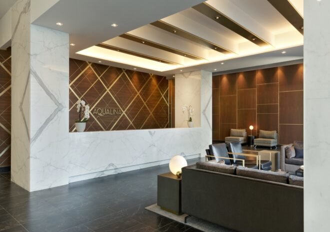 reception with brown and white walls
