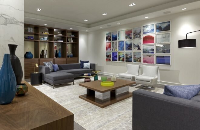 gray sofas around a wood coffee table