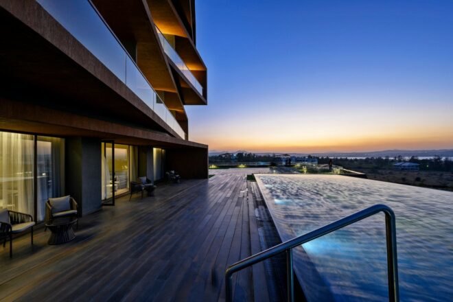 swimming pool with stone patio