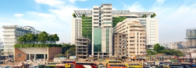 rendering of a university building with green features in the middle of a bustling city