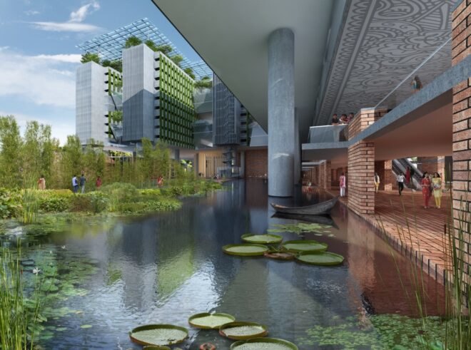 rendering of a pond area with greenery and lily pads in the middle of a university building