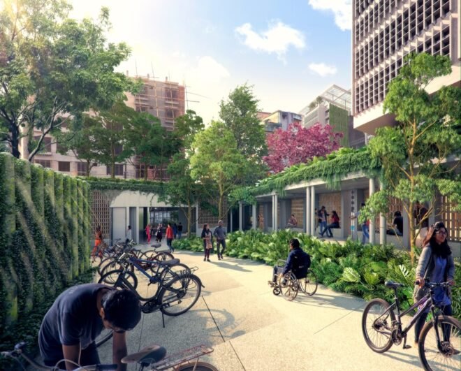 rendering of an outdoor courtyard area with lush greenery and people parking their bikes