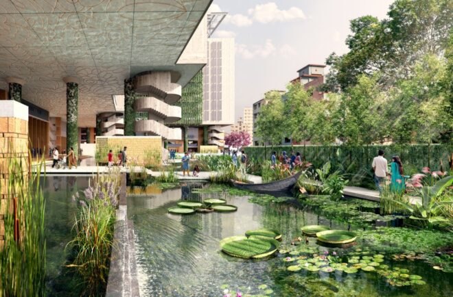a segmented pond area surrounded by lush greenery, with peopel walking on campus around it
