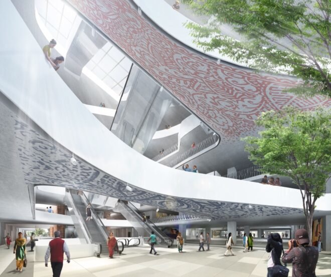 rendering of the building's interior with modern, white features and a tree on the ground floor
