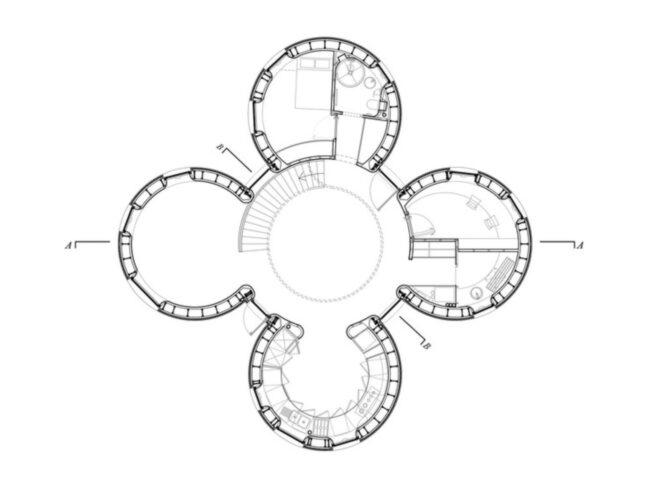 floor plan of round home with four modular components